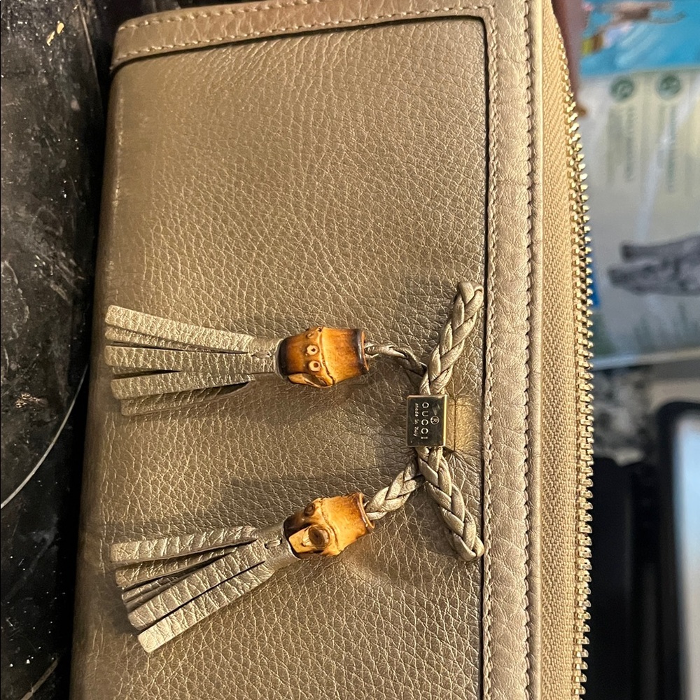Beige Leather Wallet with Tassel Accents